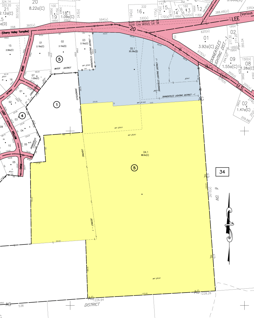 Dunning property in yellow. Grace Chapel property in blue.