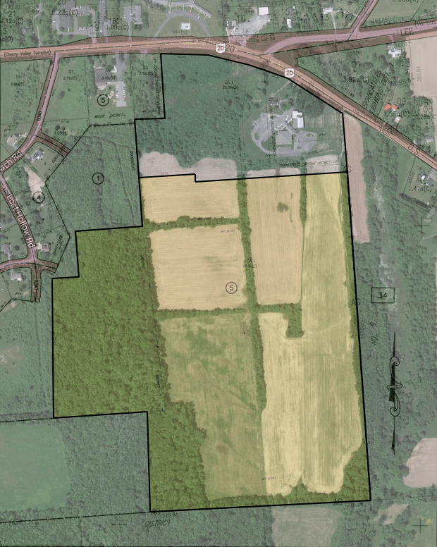 Tax map of Dunning tract overlaid onto a satelite image of the area