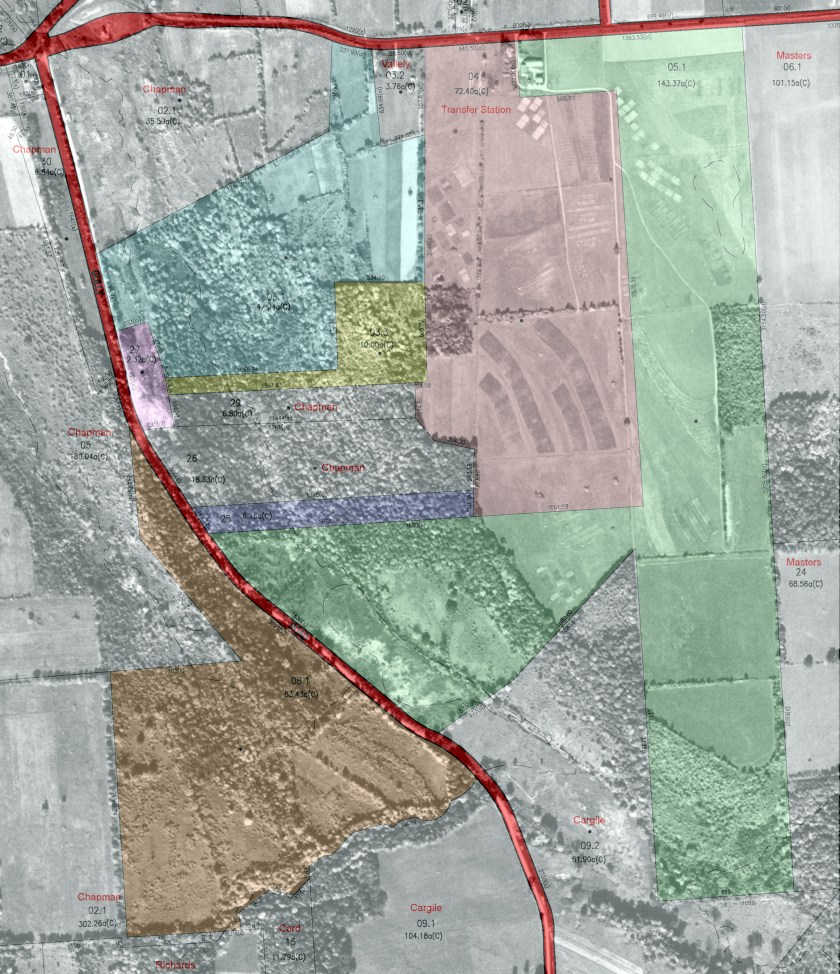1951 Aerial photo of the USDA Soil Management Research Farm overlaid with the 2014 Onondaga County tax maps for the current Conservation Area properties.