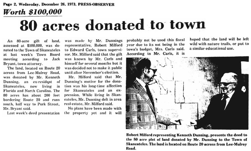 1973 Marcellus Press-Observer article reporting the donation of the Kenneth Dunning property to the town of Skaneateles.