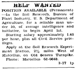 Marcellus Observer 1953-03-27 Help Wanted Soil Research Exp Station