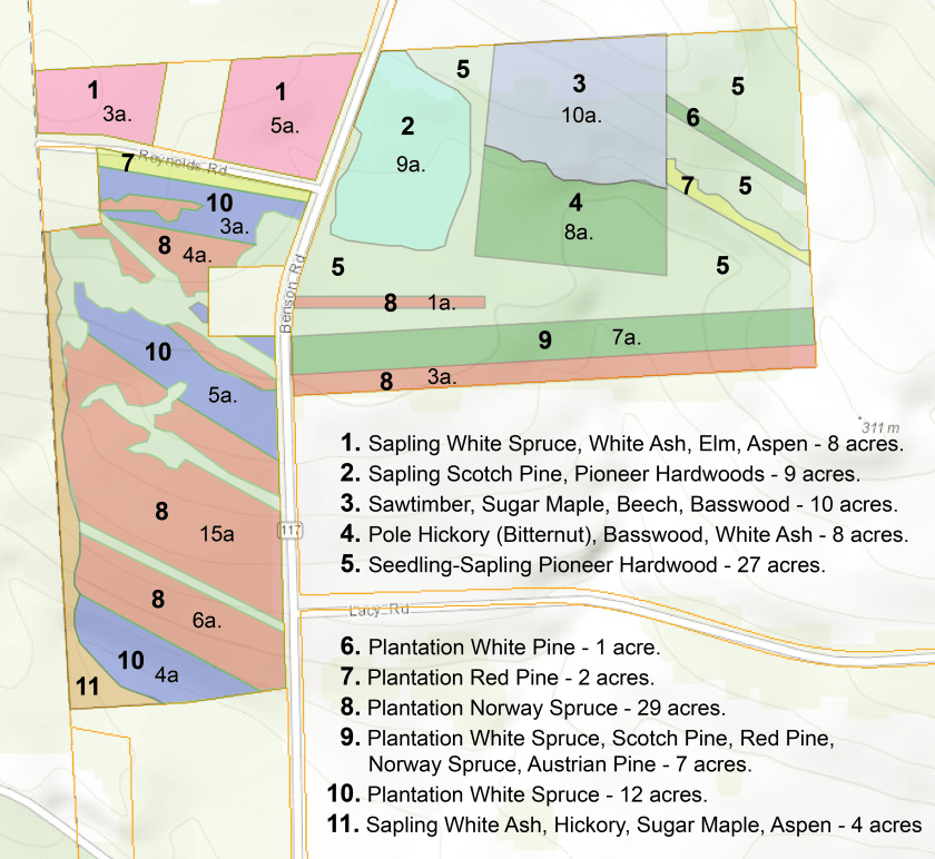 Mabel M. Reynolds Nature Preserve countour map with tree types listed.