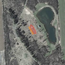 Approximate location of redcedar (orange) and whitecedar (red) planting, April 2015.